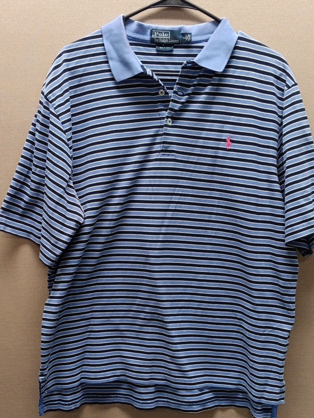 Polo by Ralph Lauren Light Blue and Navy Striped Polo with Pink Logo Golf Fit